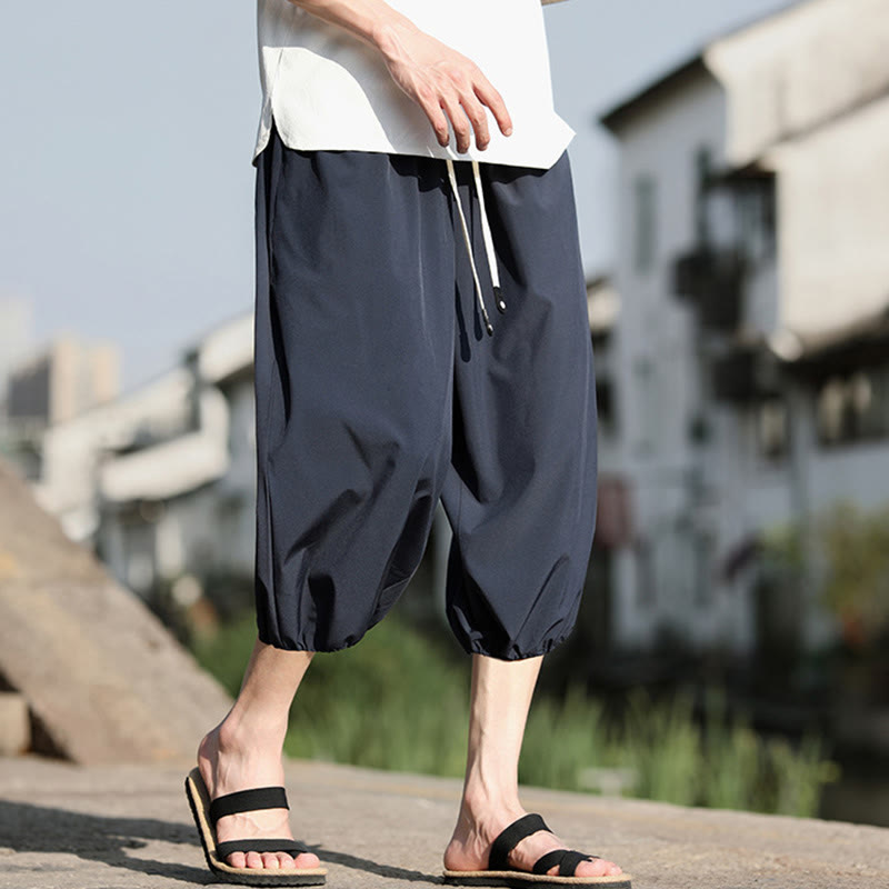 Buddha Stones Solid Drawstring Men's Capri Cropped Harem Pants With Pockets - image 1