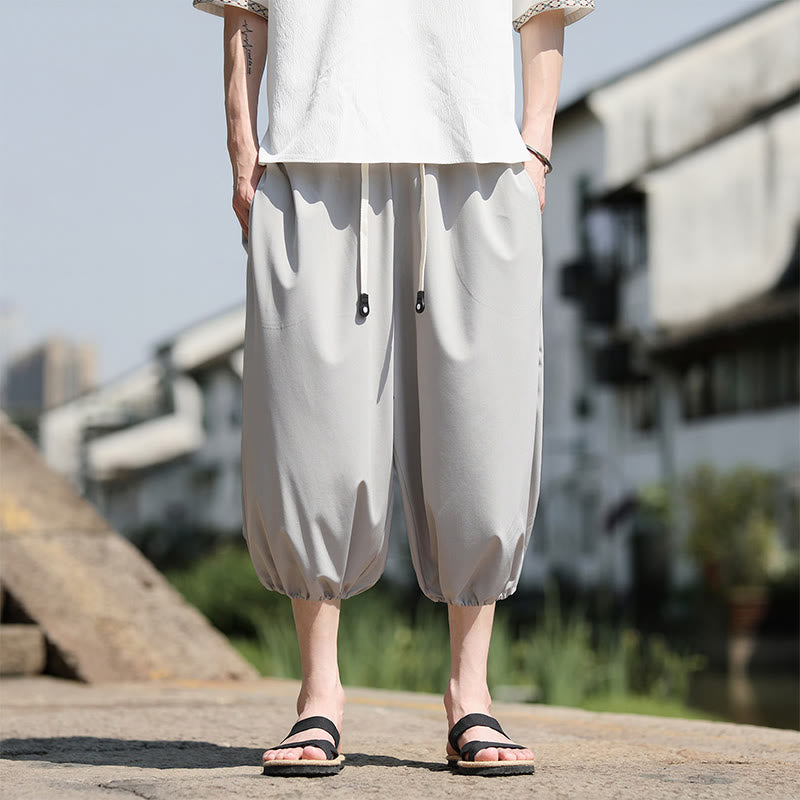 Buddha Stones Solid Drawstring Men's Capri Cropped Harem Pants With Pockets - LightGrey - US/UK/AU46，EU56 (5XL) - image 9