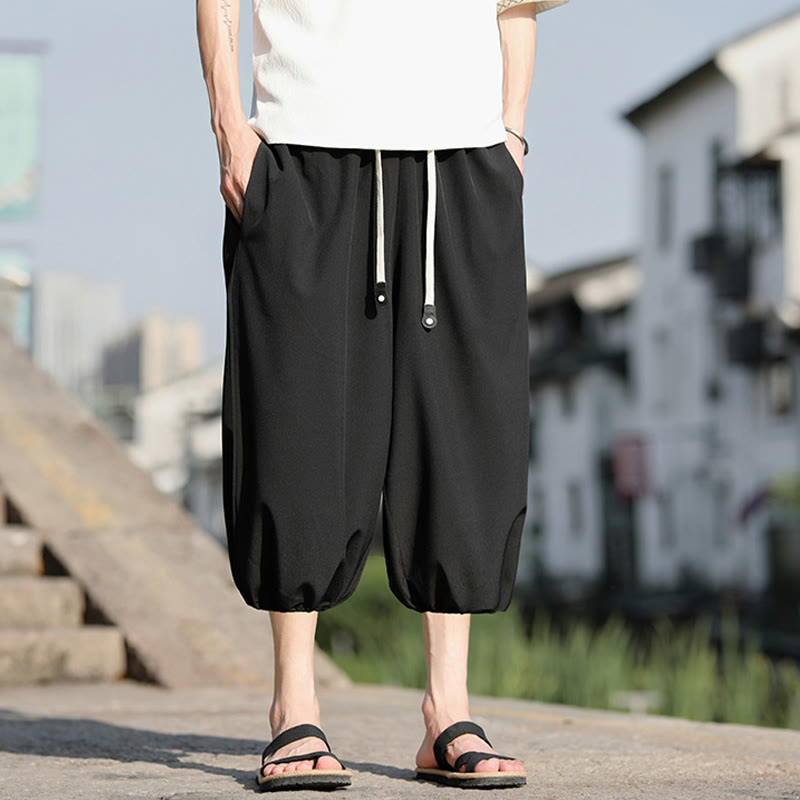 Buddha Stones Solid Drawstring Men's Capri Cropped Harem Pants With Pockets - image 20