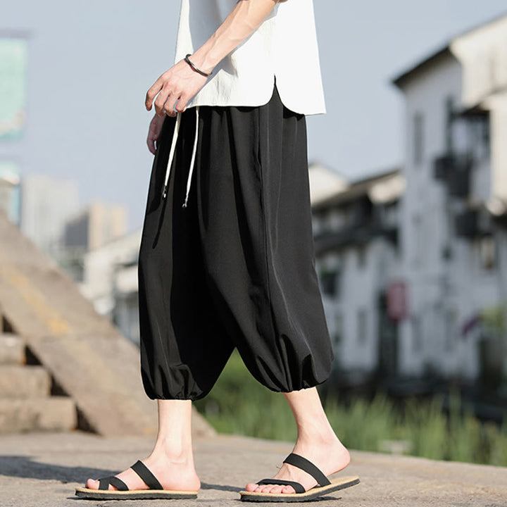 Buddha Stones Solid Drawstring Men's Capri Cropped Harem Pants With Pockets - image 18