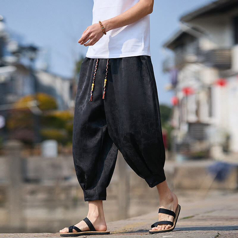 Buddha Stones Summer Character Embroidery Design Drawstring Men's 7-8 Length Pants With Pockets - Black - US/UK/AU46，EU56 (5XL) - image 1