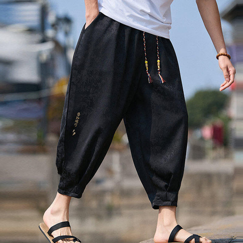 Buddha Stones Summer Character Embroidery Design Drawstring Men's 7-8 Length Pants With Pockets - image 7