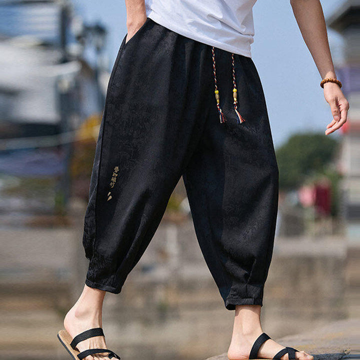 Buddha Stones Summer Character Embroidery Design Drawstring Men's 7-8 Length Pants With Pockets - image 7
