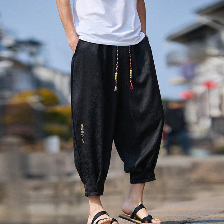 Buddha Stones Summer Character Embroidery Design Drawstring Men's 7-8 Length Pants With Pockets - image 7