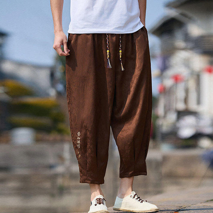 Buddha Stones Summer Character Embroidery Design Drawstring Men's 7-8 Length Pants With Pockets - image 13
