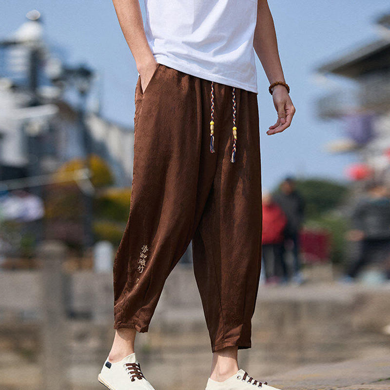 Buddha Stones Summer Character Embroidery Design Drawstring Men's 7-8 Length Pants With Pockets - image 13