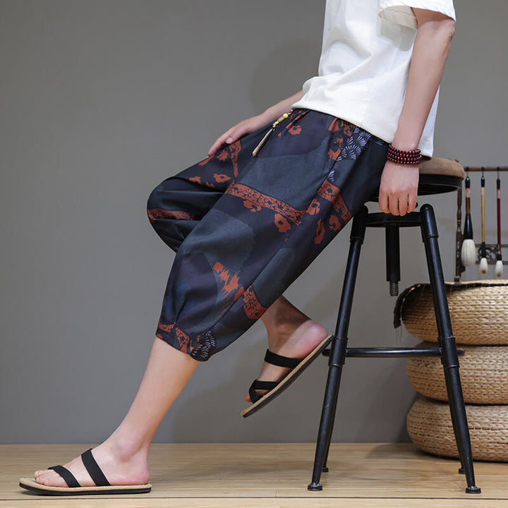 Buddha Stones Summer Bamboo Leaves Flowers Cotton Linen Men's Capri Pants With Pockets - image 21