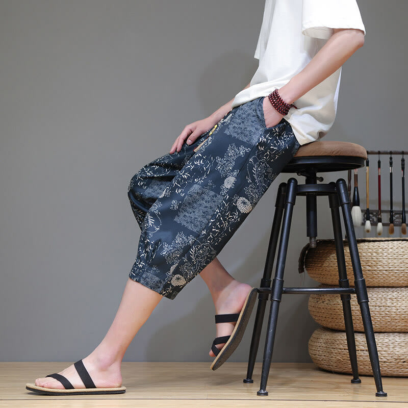 Buddha Stones Summer Bamboo Leaves Flowers Cotton Linen Men's Capri Pants With Pockets - image 9