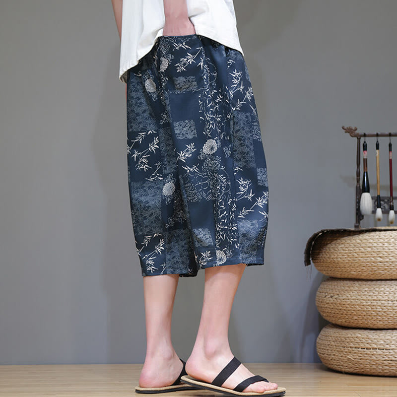 Buddha Stones Summer Bamboo Leaves Flowers Cotton Linen Men's Capri Pants With Pockets - image 5