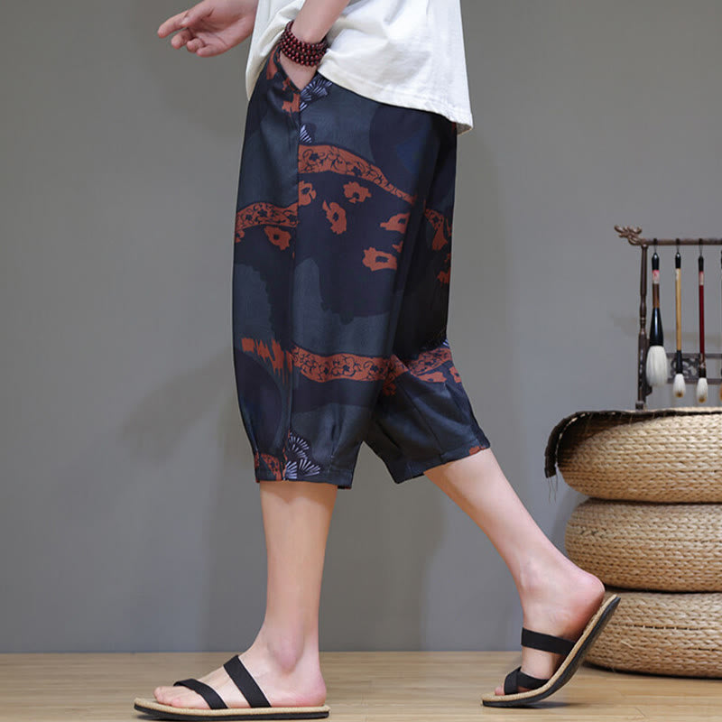Buddha Stones Summer Bamboo Leaves Flowers Cotton Linen Men's Capri Pants With Pockets - image 15