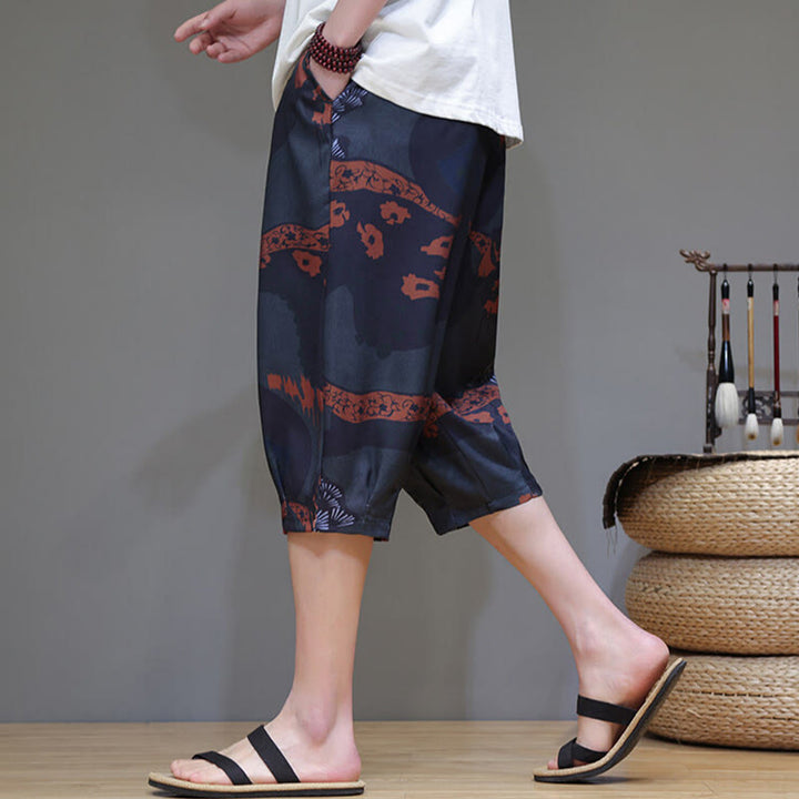 Buddha Stones Summer Bamboo Leaves Flowers Cotton Linen Men's Capri Pants With Pockets - image 15