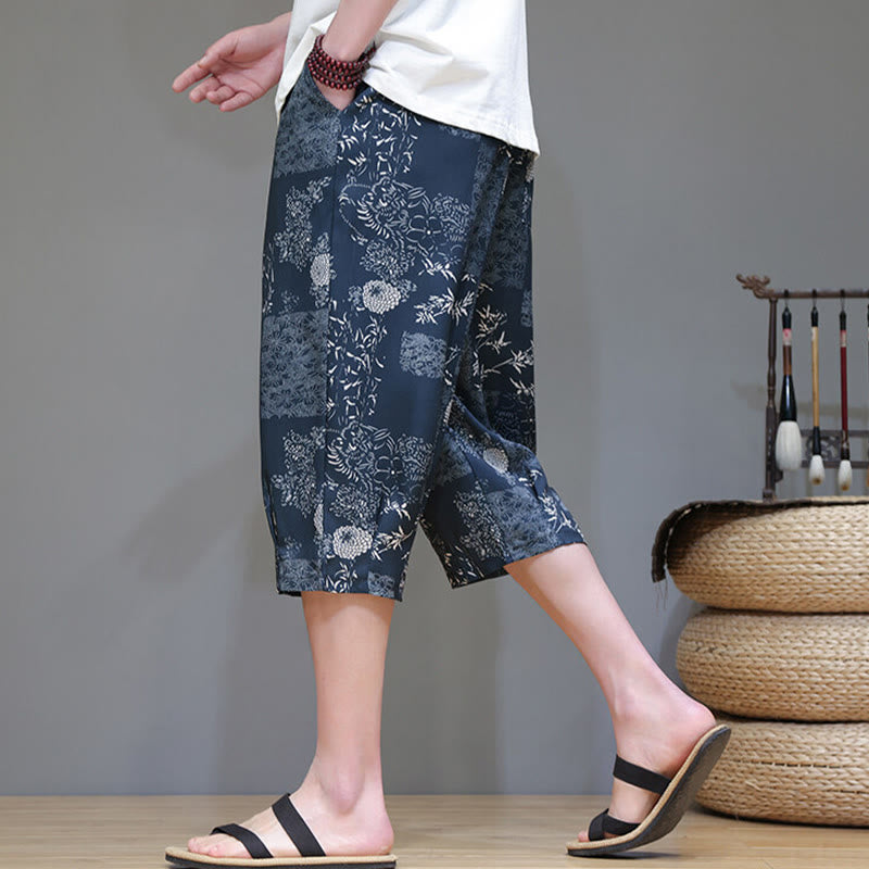 Buddha Stones Summer Bamboo Leaves Flowers Cotton Linen Men's Capri Pants With Pockets - image 2