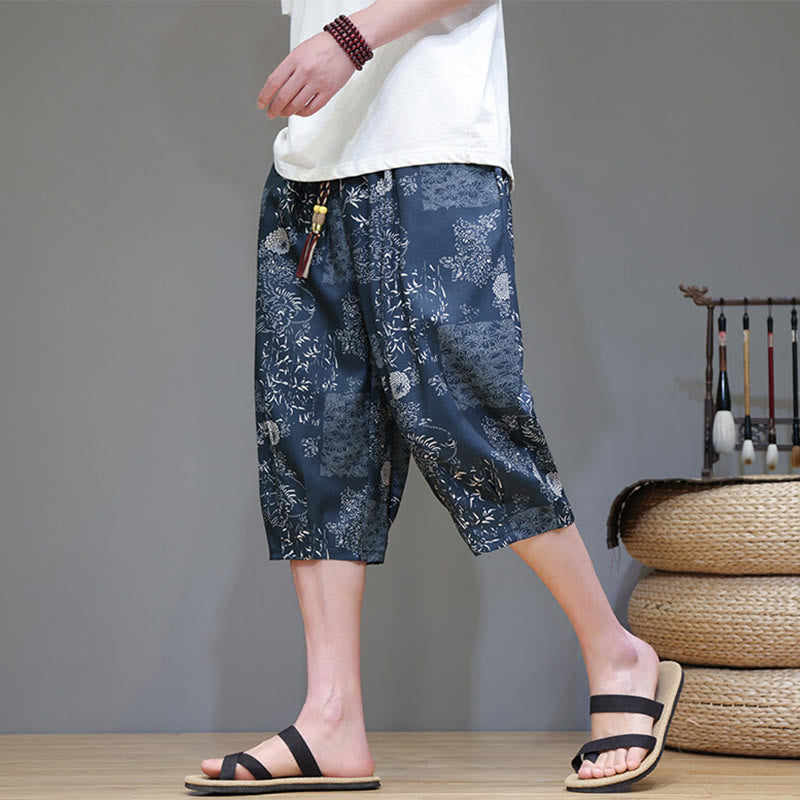 Buddha Stones Summer Bamboo Leaves Flowers Cotton Linen Men's Capri Pants With Pockets - SteelBlue - US/UK/AU46，EU56 (5XL) - image 1