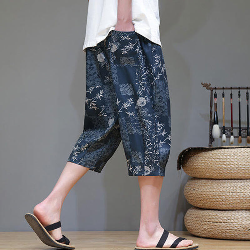 Buddha Stones Summer Bamboo Leaves Flowers Cotton Linen Men's Capri Pants With Pockets - image 4