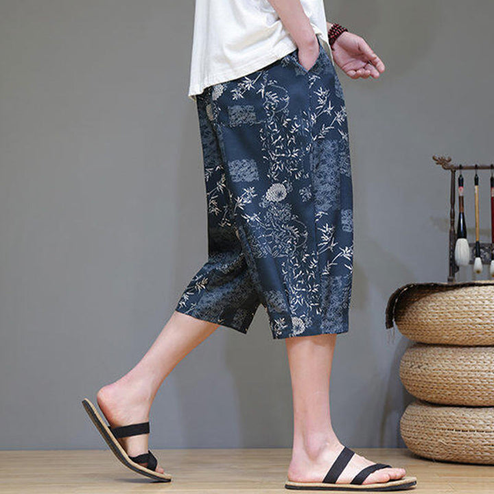 Buddha Stones Summer Bamboo Leaves Flowers Cotton Linen Men's Capri Pants With Pockets - image 8