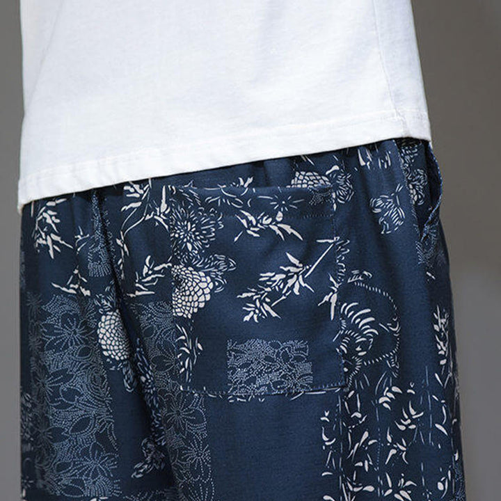 Buddha Stones Summer Bamboo Leaves Flowers Cotton Linen Men's Capri Pants With Pockets - image 11