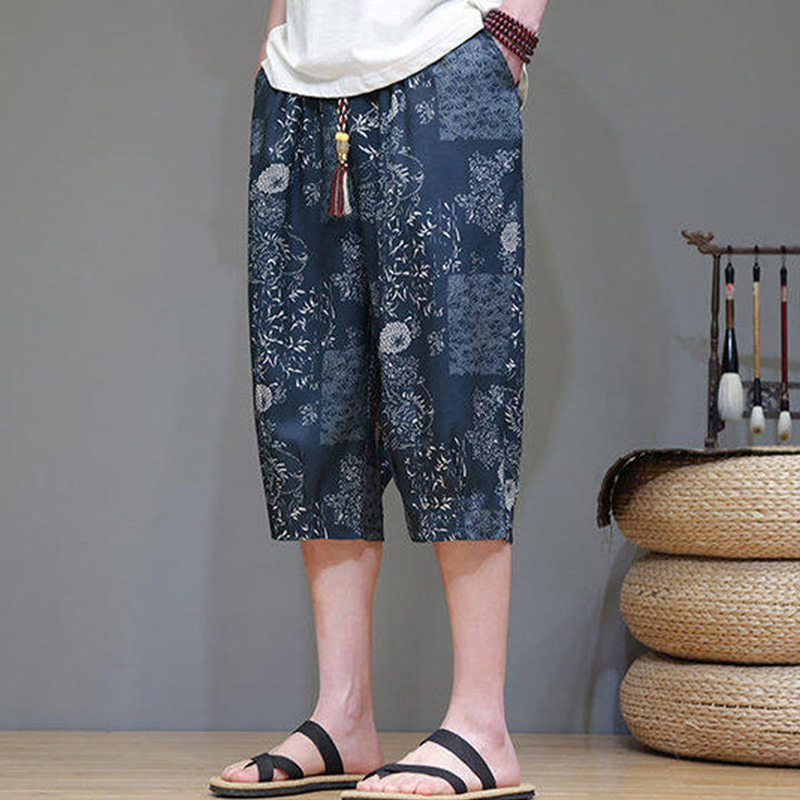 Buddha Stones Summer Bamboo Leaves Flowers Cotton Linen Men's Capri Pants With Pockets - image 3
