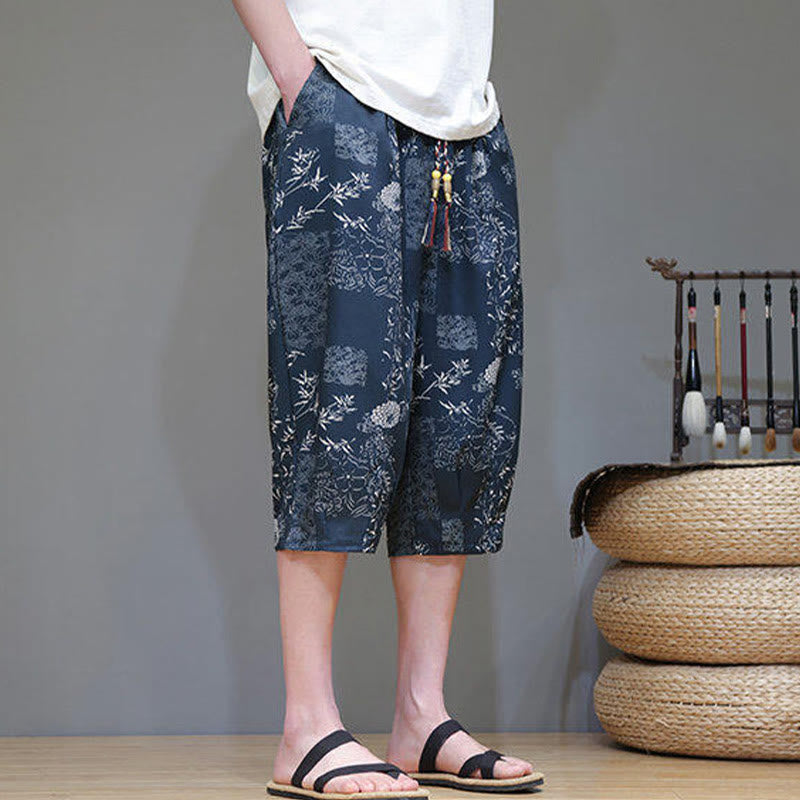 Buddha Stones Summer Bamboo Leaves Flowers Cotton Linen Men's Capri Pants With Pockets - image 7
