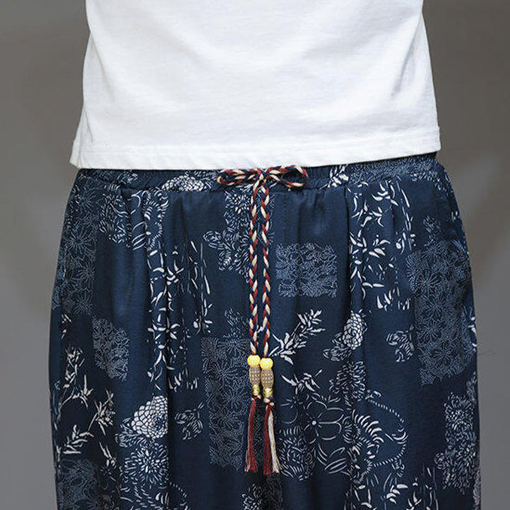 Buddha Stones Summer Bamboo Leaves Flowers Cotton Linen Men's Capri Pants With Pockets - image 9