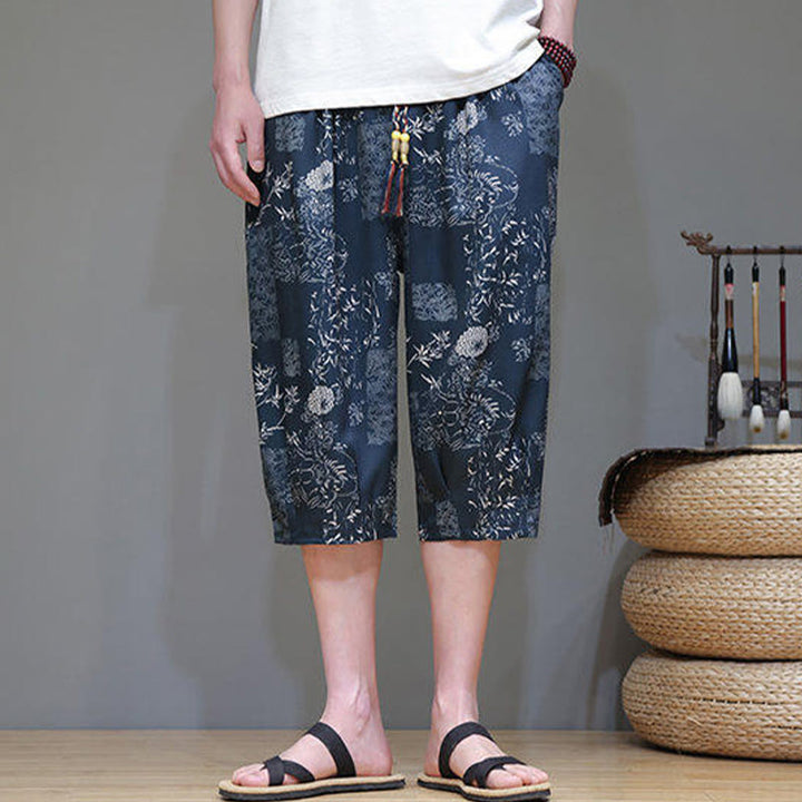 Buddha Stones Summer Bamboo Leaves Flowers Cotton Linen Men's Capri Pants With Pockets - image 6