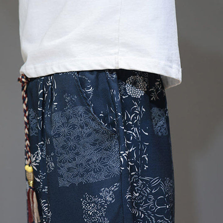 Buddha Stones Summer Bamboo Leaves Flowers Cotton Linen Men's Capri Pants With Pockets - image 11