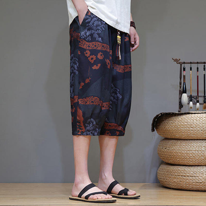 Buddha Stones Summer Bamboo Leaves Flowers Cotton Linen Men's Capri Pants With Pockets - image 16