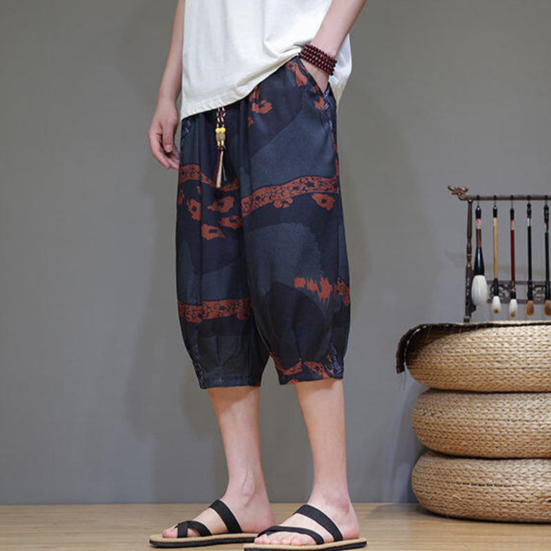 Buddha Stones Summer Bamboo Leaves Flowers Cotton Linen Men's Capri Pants With Pockets - image 20