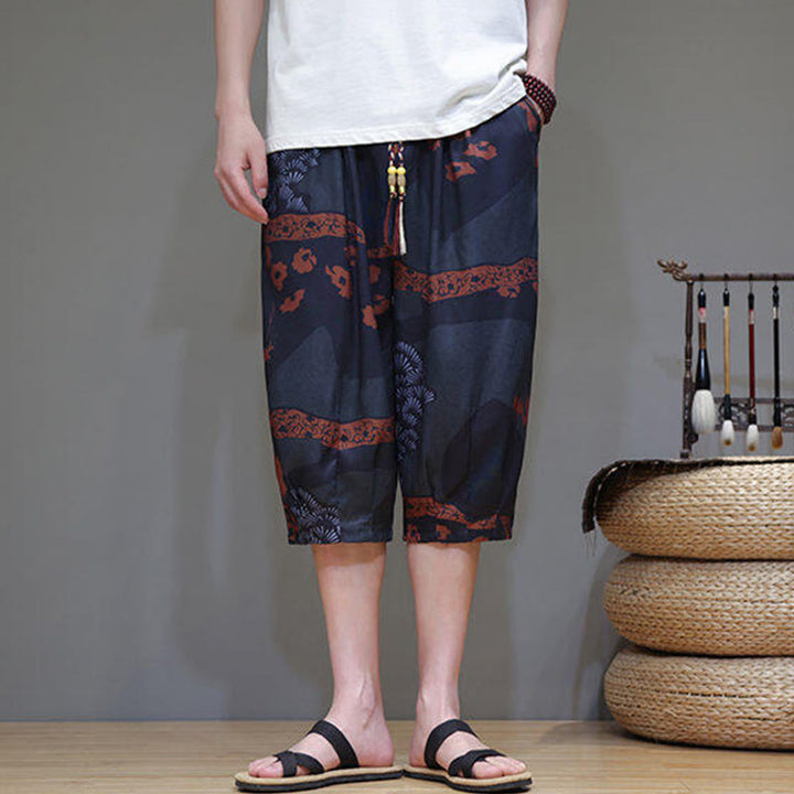 Buddha Stones Summer Bamboo Leaves Flowers Cotton Linen Men's Capri Pants With Pockets - image 19
