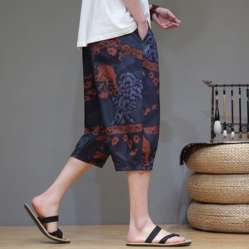 Buddha Stones Summer Bamboo Leaves Flowers Cotton Linen Men's Capri Pants With Pockets - image 17