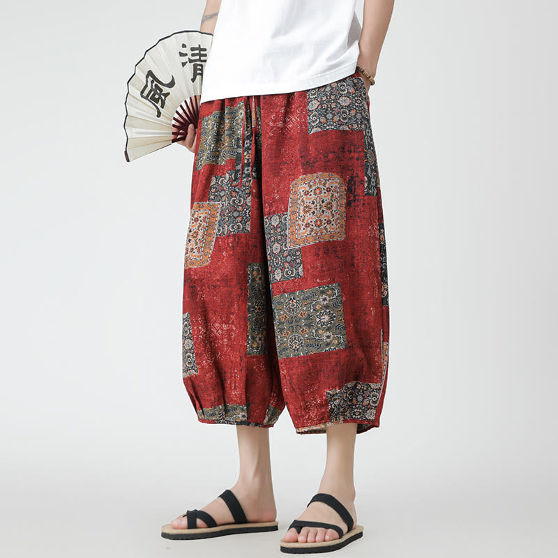Buddha Stones Summer Square Patchwork Elephant Mandala Geometry Cotton Linen Men's 7-8 Length Pants With Pockets - image 8