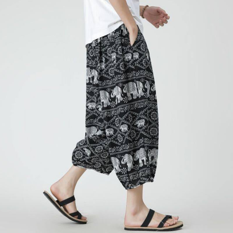 Buddha Stones Summer Square Patchwork Elephant Mandala Geometry Cotton Linen Men's 7-8 Length Pants With Pockets - image 44