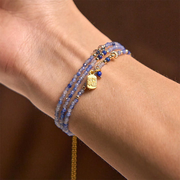 Buddha Stones 3mm Ultra-thin Beads Natural Lazurite Lapis Lazuli Triple Wrap Fu Character Positive Bracelet - image 4