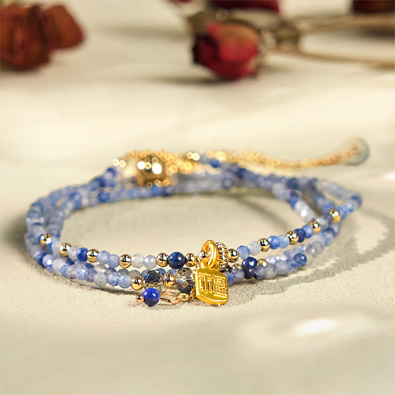 Buddha Stones 3mm Ultra-thin Beads Natural Lazurite Lapis Lazuli Triple Wrap Fu Character Positive Bracelet - image 1