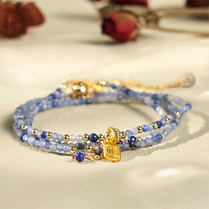 Buddha Stones 3mm Ultra-thin Beads Natural Lazurite Lapis Lazuli Triple Wrap Fu Character Positive Bracelet - image 1