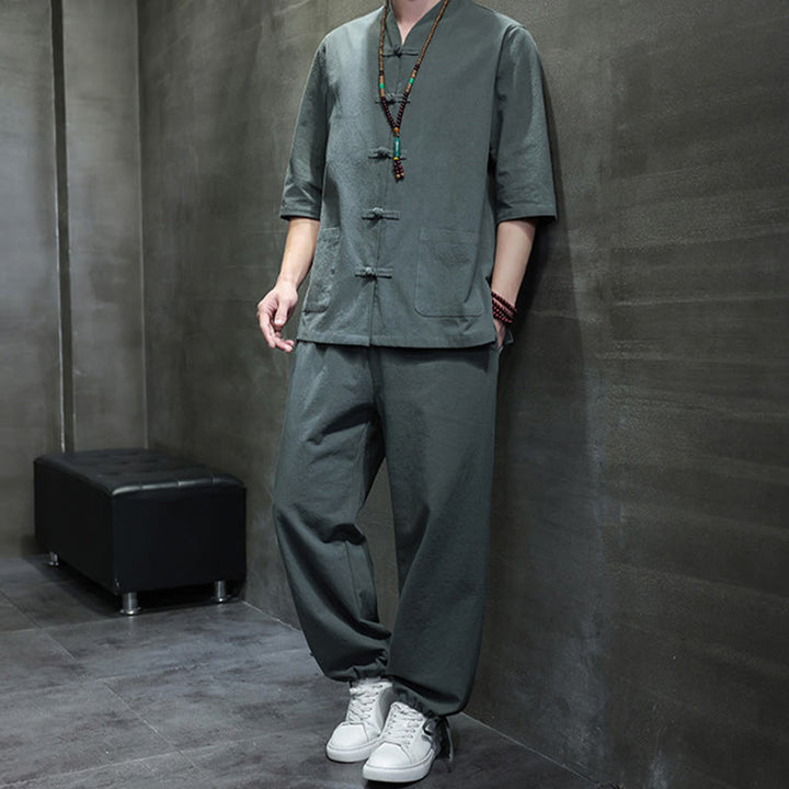 Buddha Stones 2Pcs Tang Suit Frog-Button Design Shirt Pants With Pockets Men's Cotton Linen Meditation Cloth Set - image 6