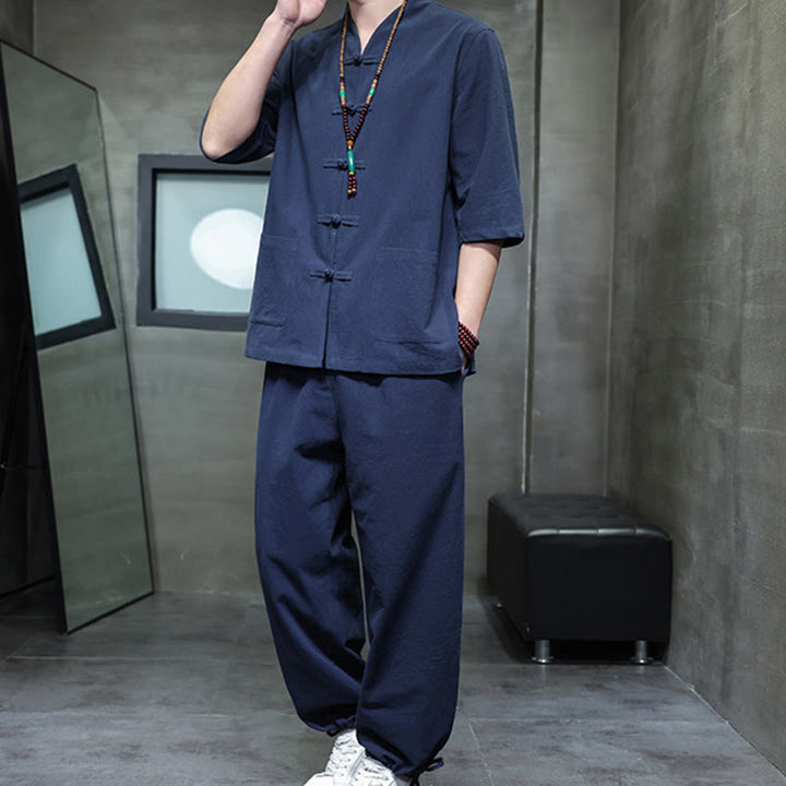 Buddha Stones 2Pcs Tang Suit Frog-Button Design Shirt Pants With Pockets Men's Cotton Linen Meditation Cloth Set - image 17