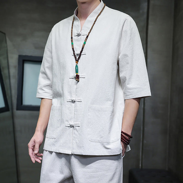 Buddha Stones 2Pcs Tang Suit Frog-Button Design Shirt Pants With Pockets Men's Cotton Linen Meditation Cloth Set - image 27