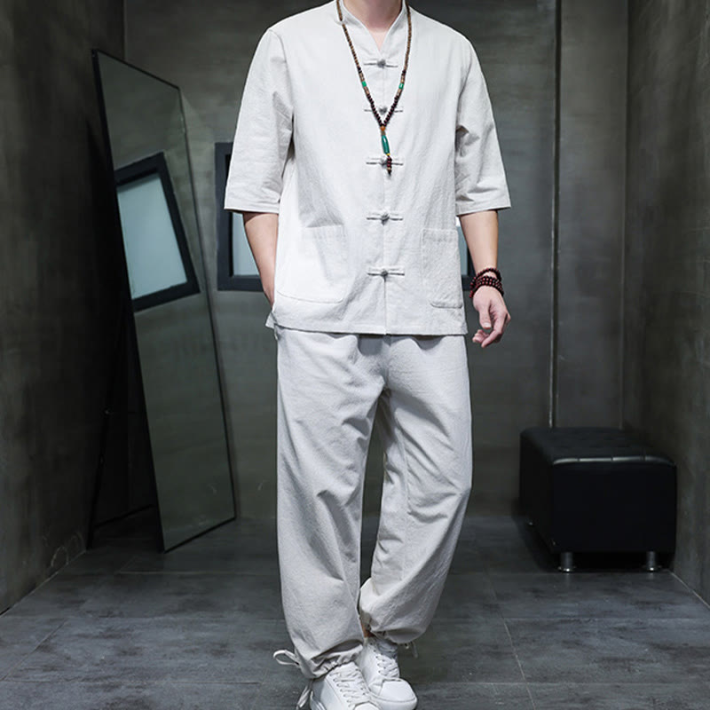 Buddha Stones 2Pcs Tang Suit Frog-Button Design Shirt Pants With Pockets Men's Cotton Linen Meditation Cloth Set - image 24