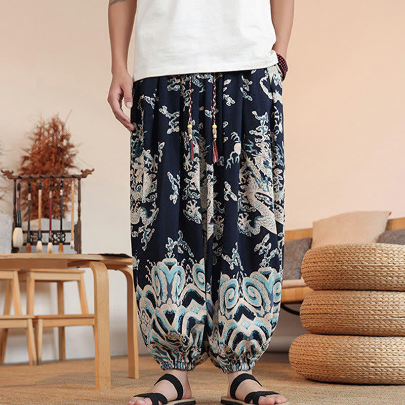 Buddha Stones Dragon Print Cotton Men's Harem Ankle-Length Pants With Pockets - image 1
