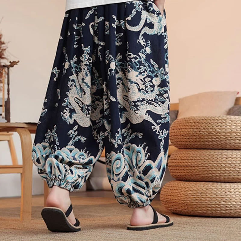 Buddha Stones Dragon Print Cotton Men's Harem Ankle-Length Pants With Pockets - image 3