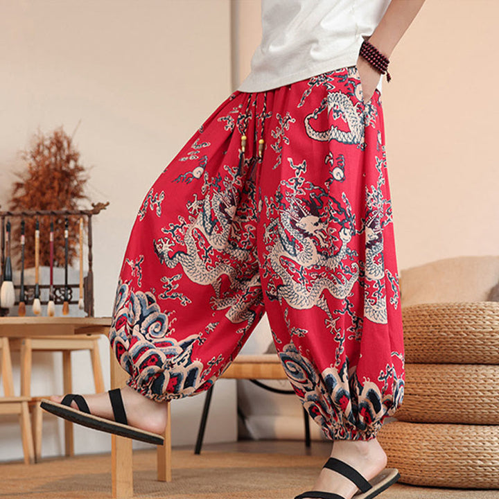 Buddha Stones Dragon Print Cotton Men's Harem Ankle-Length Pants With Pockets - image 17