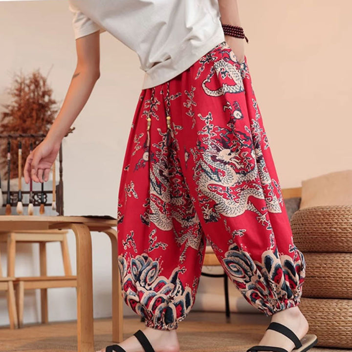 Buddha Stones Dragon Print Cotton Men's Harem Ankle-Length Pants With Pockets - image 16