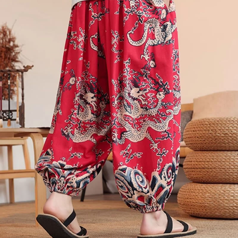 Buddha Stones Dragon Print Cotton Men's Harem Ankle-Length Pants With Pockets - image 15
