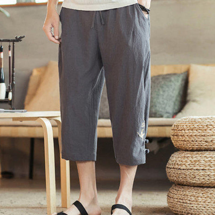 Buddha Stones Crane Embroidery Cotton Men's Cropped Harem Pants With Pockets - image 12