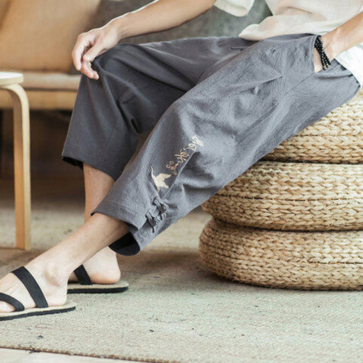 Buddha Stones Crane Embroidery Cotton Men's Cropped Harem Pants With Pockets - image 17