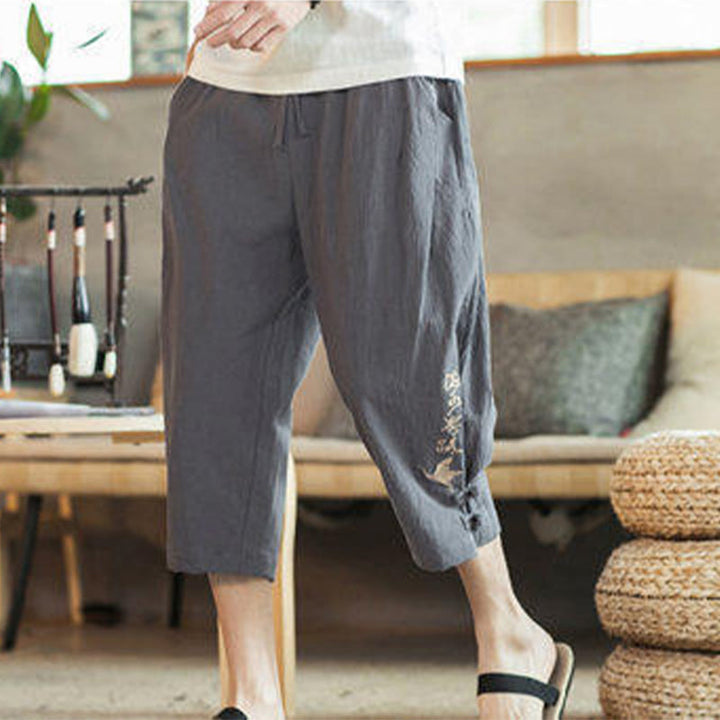 Buddha Stones Crane Embroidery Cotton Men's Cropped Harem Pants With Pockets - image 15