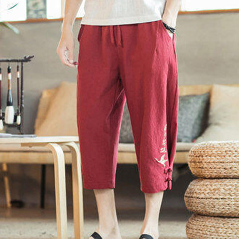 Buddha Stones Crane Embroidery Cotton Men's Cropped Harem Pants With Pockets - image 39