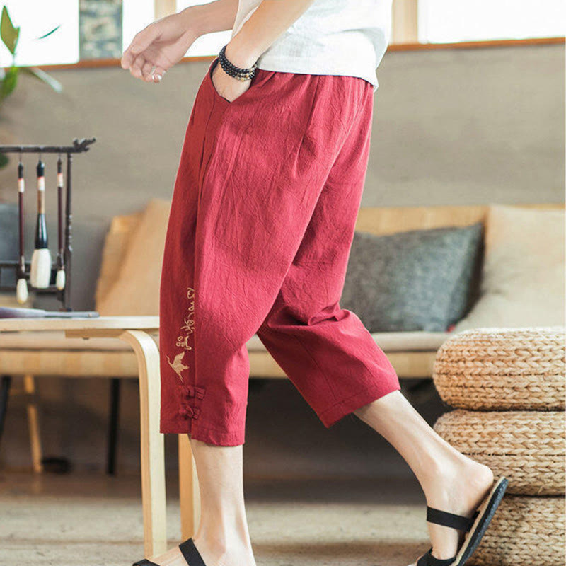 Buddha Stones Crane Embroidery Cotton Men's Cropped Harem Pants With Pockets - image 37