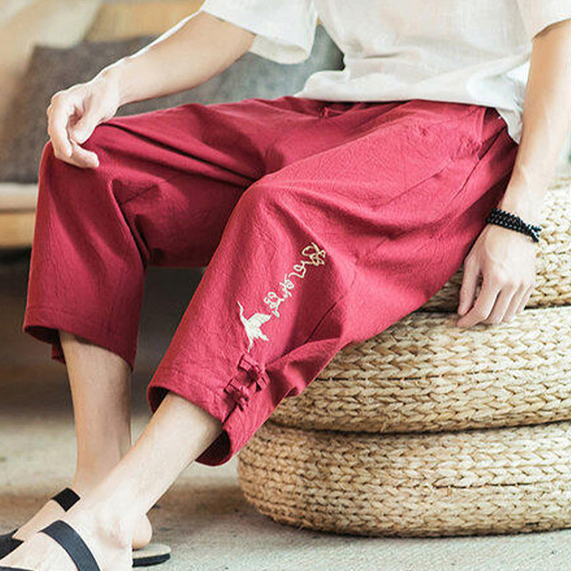 Buddha Stones Crane Embroidery Cotton Men's Cropped Harem Pants With Pockets - image 36
