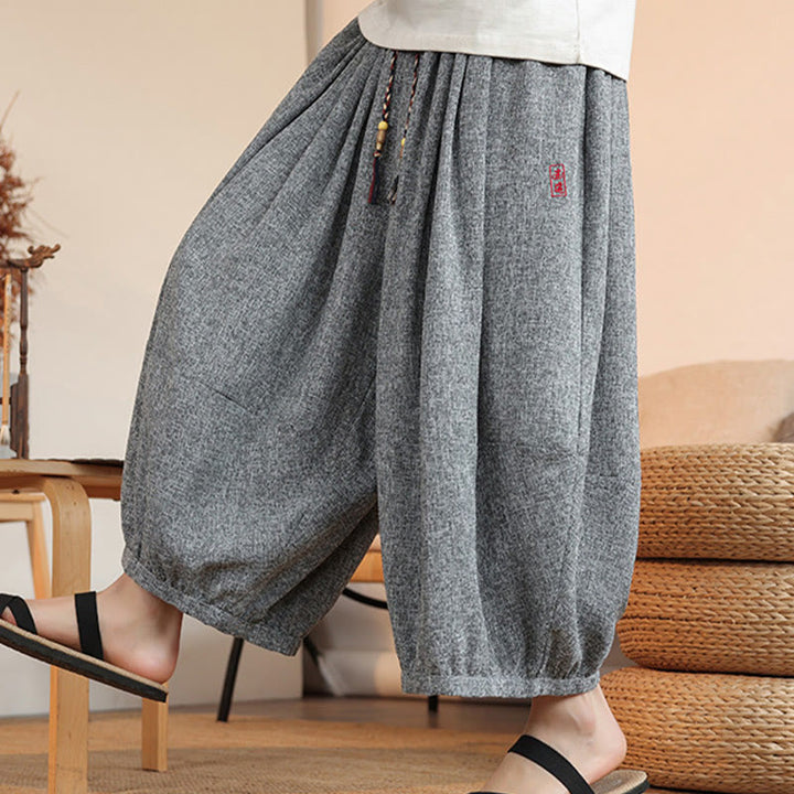 Buddha Stones Summer Characters Embroidery Drawstring Men's Cropped Ankle-Length Harem Pants With Pockets - image 7